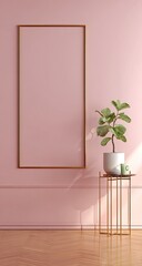 A blush pink room features a gold-framed empty canvas, a fiddle-leaf fig in a white pot, and a gold side table