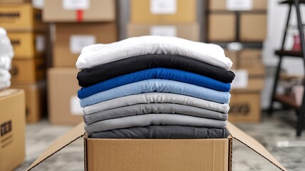 Stack of neatly folded colorful t shirts in a cardboard box with a blurred background of shipping boxes and a ladder