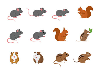 Twelve cartoonlike images of rodents mice squirrels chipmunks and guinea pigs on a white background
