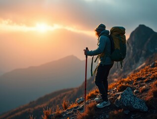 Conquering Heights: A lone hiker stands atop a rugged mountain peak, gazing at the breathtaking vista bathed in the golden light of the sunrise. This image captures the spirit of exploration.