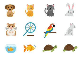 Twelve pet icons show various animals  a hamster wheel on a white background