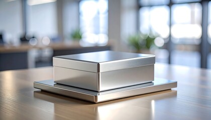 Sleek metallic box atop a polished base