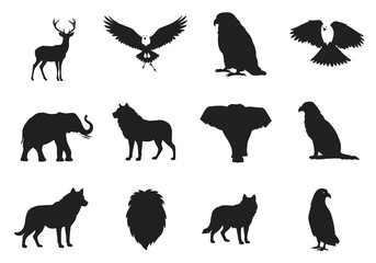 Twelve silhouette images of diverse animals including birds a deer a wolf and elephants arranged in a grid pattern