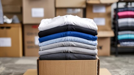 Neatly folded stack of colorful t shirts and sweaters on top of a cardboard box with more boxes in the background