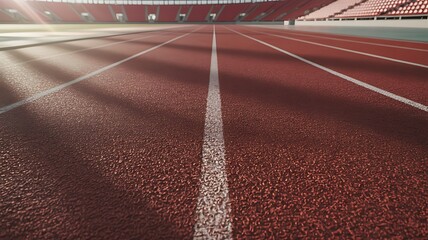 Empty red athletic running track stadium with sunlight rays streaming across lanes and empty red seats in background
