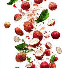 Falling Lychees Fruit. Fresh Tropical Food Concept