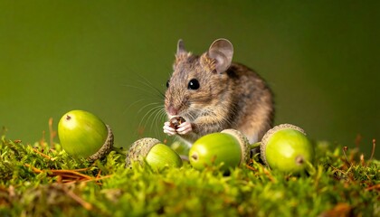 Mouse eating acorn in moss