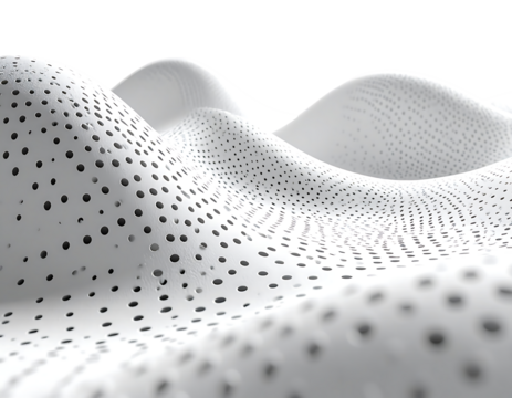 Undulating white surface with regularly spaced perforations, creating a three-dimensional, wave-like texture against a black background