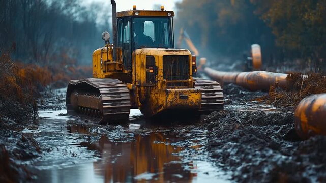 Yellow bulldozer navigating muddy construction site