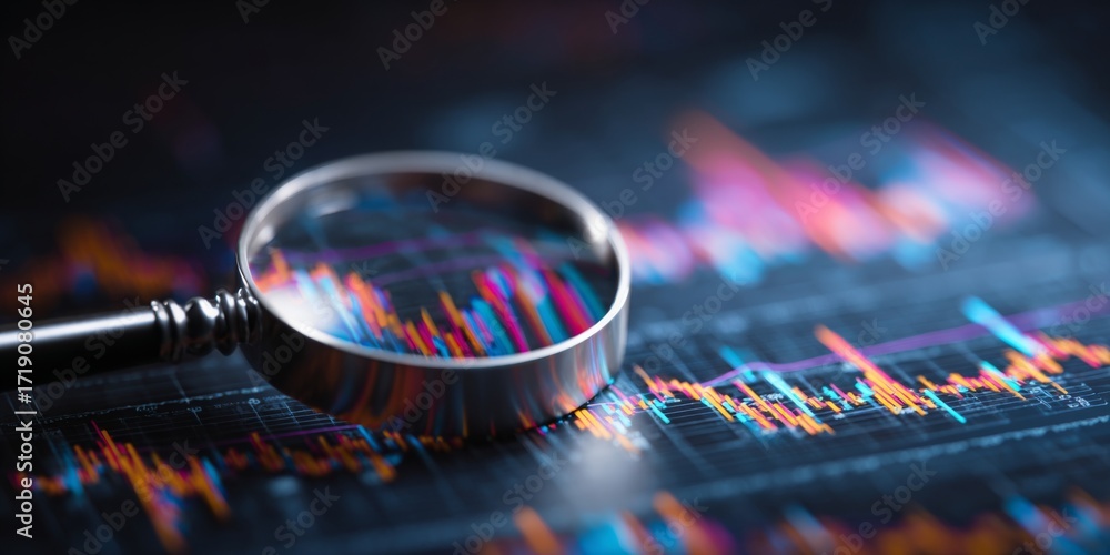 Poster abstract data analysis with magnifying glass and colorful graphs representing business insights and 