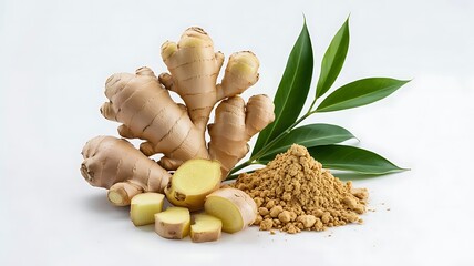 Freshly harvested ginger root with sliced pieces and ground spice presented on a clean white background for culinary and health uses