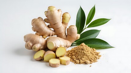Fresh ginger root with slices and powdered spice arranged artistically with green leaves on a clean white background