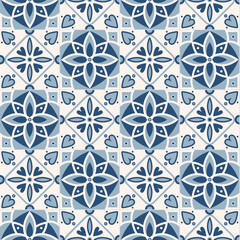 Seamless pattern with ceramic Mediterranean tiles. Decorative blue and white background