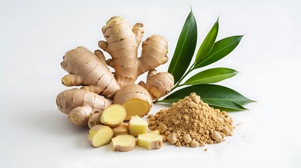 Freshly harvested ginger root and powder displayed with green leaves on a clean white background for culinary and health uses