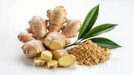 Freshly harvested ginger roots and powdered spice with green leaves on a white background