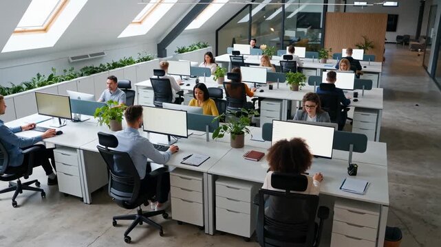 Diverse team working diligently in a bright, modern open-plan office environment
