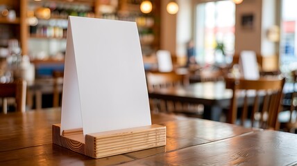 Empty white menu card standing on a wooden table in a cozy restaurant with blurred background and warm lighting