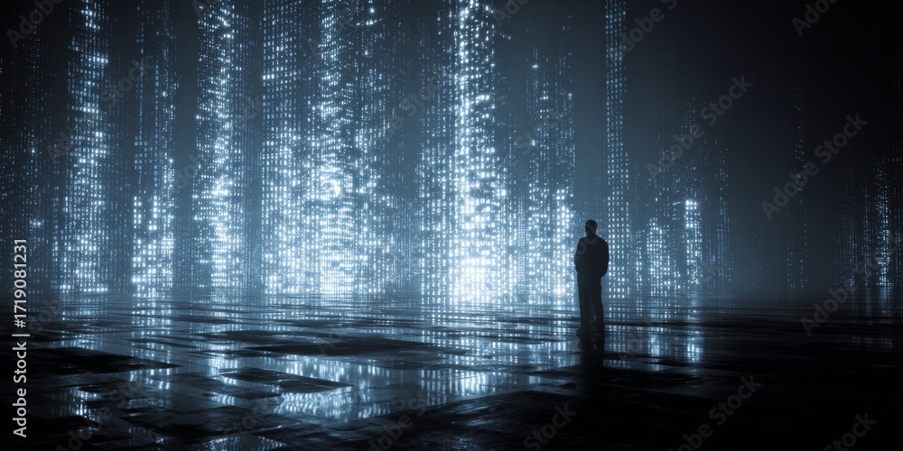 Poster futuristic data visualization with man in dark environment surrounded by glowing binary code and dig