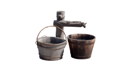 Rustic Water Dispenser: An aged wooden water dispenser, accompanied by matching buckets, offers a glimpse into a simpler past. The rustic scene is a testament to history and manual labor.