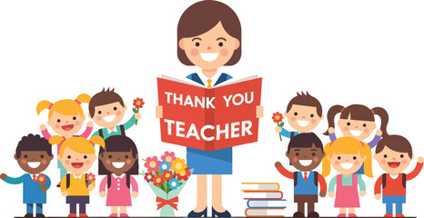 Thank You Teacher Illustration with Happy Children and Flowers