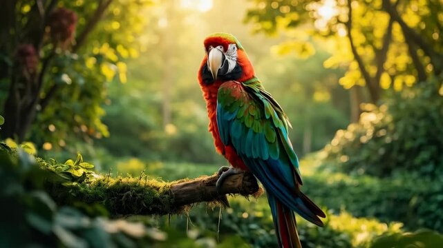 portrait of colorful parrot sitting on a branch in the tropics with copy space