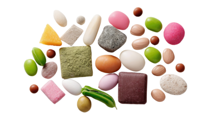 Exquisite Candy Assortment: An artistic arrangement of colorful, meticulously crafted candies, showcasing a delightful array of shapes and textures, promising a sensory experience.