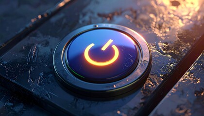 Close-up of a blue, illuminated power button with a glowing orange symbol, set in a textured metallic surface. Detailed