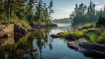 Obraz premium Tranquil river scene with calm water reflecting trees and rocks