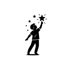 A touching black and white icon showing a child looking up at or reaching for a star. This graphic beautifully represents the hope, dreams, and bright future that every child deserves
