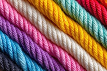 Vibrant, tightly-twisted cords in a rainbow of colors diagonally arranged, showcasing texture and saturation