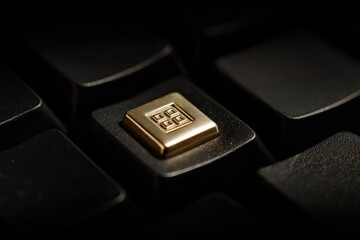 Close-up of a gold keycap with a square pattern on a dark keyboard