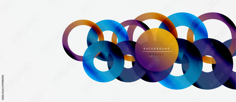 Poster abstract colorful overlapping circles create modern background. gradient hues blend, forming dynamic