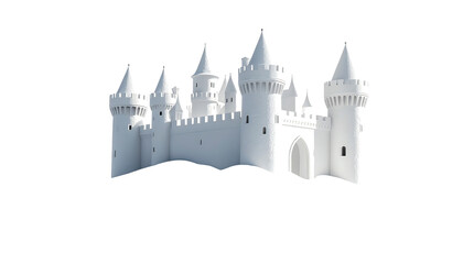Obraz premium A pristine white 3D model of a fairytale castle, featuring multiple towers, crenellations, and a central arched gateway, set against a black background