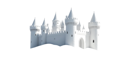A pristine white 3D model of a fairytale castle, featuring multiple towers, crenellations, and a central arched gateway, set against a black background