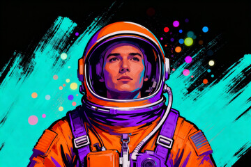 Portrait of an astronaut in an orange spacesuit against a vibrant cosmic background with colorful particles and abstract brushstrokes.