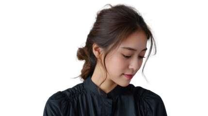 Serene Portrait of Beauty: A portrait captures the grace and delicate allure of a woman, her gaze modestly lowered, revealing an aura of introspection.