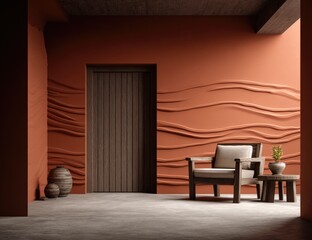 An inviting terracotta-toned interior space showcases a wood armchair and small tables, set against a textured wall.