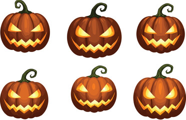 Halloween pumpkins illustration, six jack o lanterns, glowing faces, spooky expressions, creepy atmosphere, festive autumn artwork, horror theme, eerie seasonal  pumpkins illustration