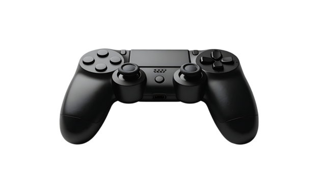 Sleek, matte-black video game controller; ergonomic design with textured grips, buttons, and dual thumbsticks