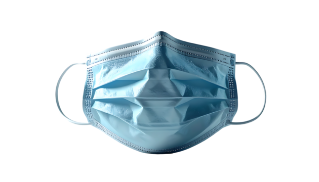 Light-blue, pleated disposable face mask with ear loops, isolated on black background