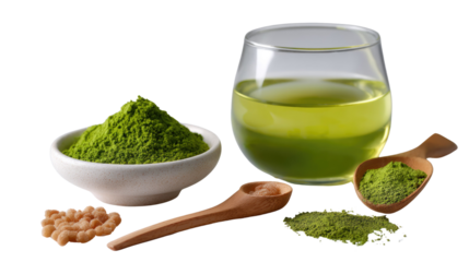 Matcha Green Tea Ceremony: A vibrant, inviting collection of matcha tea elements—vivid green powder, soothing tea, delicate scoop, and rustic wood—ready for an authentic tea ceremony.
