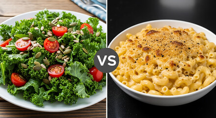 Healthy kale salad versus comforting macaroni and cheese comparison