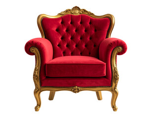 Angled Perspective of Elegant Red and Gold Vintage Armchair, Isolated on Transparent PNG