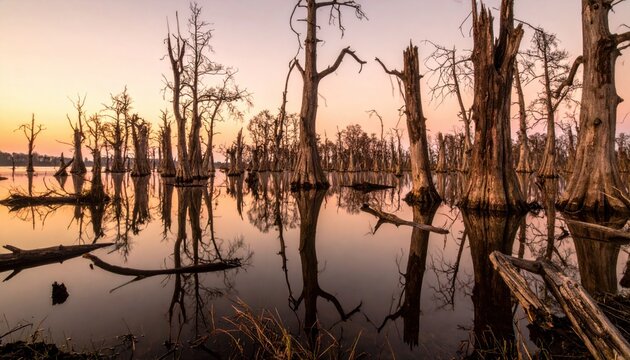 Drowned forest at dawn with mirrored trunks and pale copper sky representing flooded woodland habitat and reflective calm suitable for conservation stories book covers and environmental design