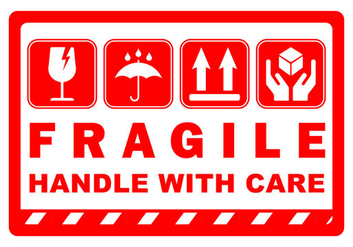 fragile handle with care sticker for delivery package red warning label side up symbol and broken glass