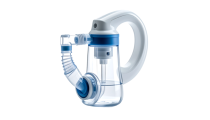 Transparent plastic device with a handle, blue accents, and flexible tubing; appears to be a medical or cleaning apparatus