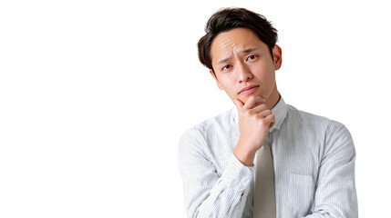 Pensive Portrait: A focused professional contemplates thoughtfully, hand resting on chin, in a simple, neutral environment, perfect for conveying thought process or decision-making.