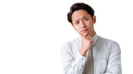 Pensive Portrait: A focused professional contemplates thoughtfully, hand resting on chin, in a simple, neutral environment, perfect for conveying thought process or decision-making.