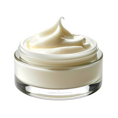 Creamy, off-white moisturizer in a clear glass jar, swirled texture, showing richness and luxurious consistency