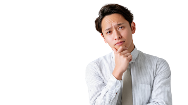 Pensive Portrait: A focused professional contemplates thoughtfully, hand resting on chin, in a simple, neutral environment, perfect for conveying thought process or decision-making.